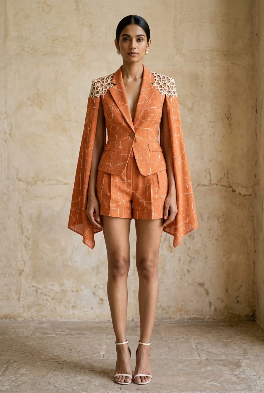 Tangerine Line-Print Cape-Sleeve Blazer & High-Rise Shorts in Tangerine, finished garment