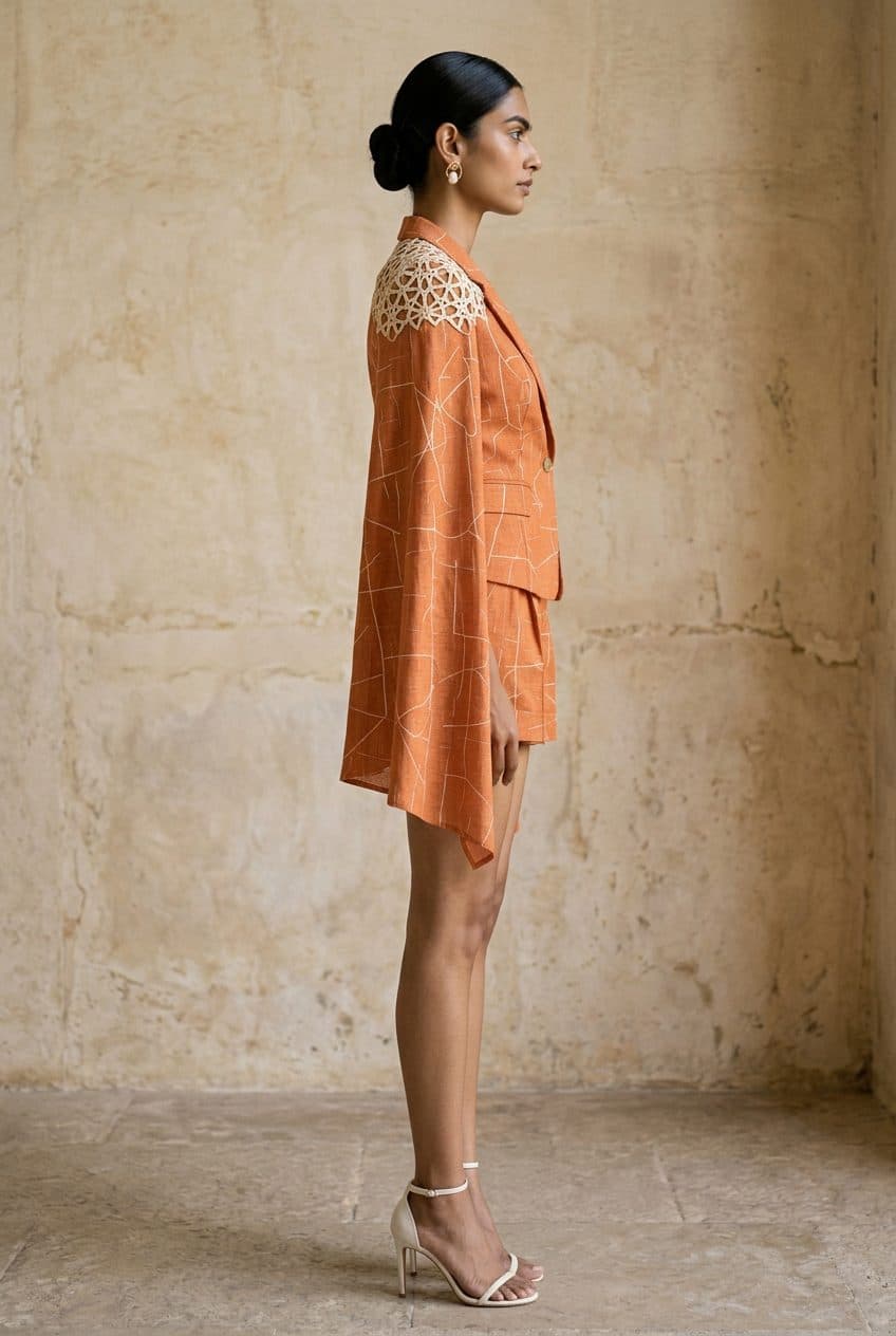 Tangerine Line-Print Cape-Sleeve Blazer & High-Rise Shorts in Tangerine, worn