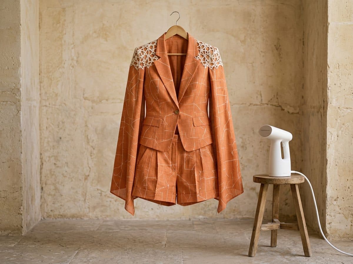 How to care for Tangerine Line-Print Cape-Sleeve Blazer & High-Rise Shorts