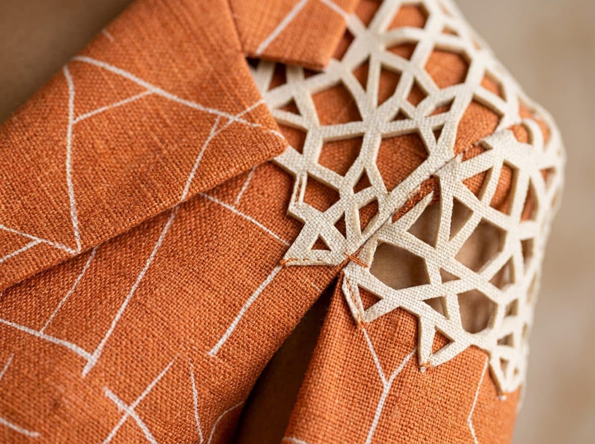 Detail of the cloth and cutwork used for Tangerine Line-Print Cape-Sleeve Blazer & High-Rise Shorts