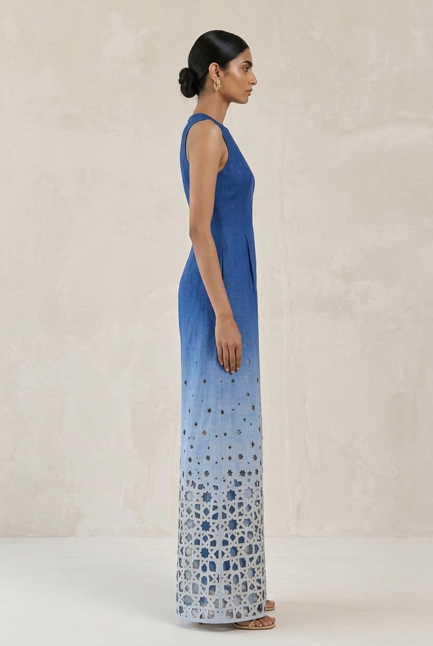 Ombré Lasercut Density Jumpsuit in Cobalt & Sky in Cobalt to Sky Ombré, worn