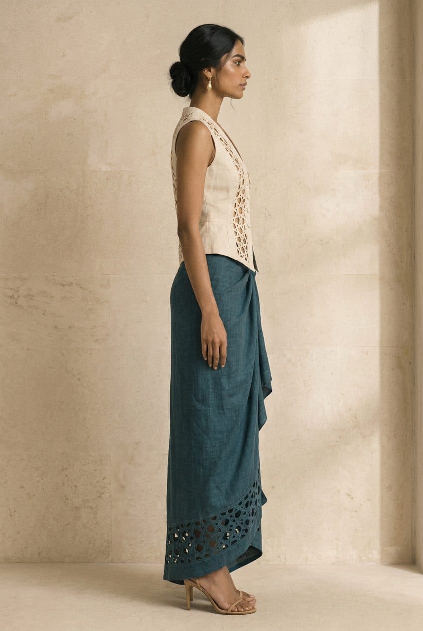 Girih Cutwork Vest & Sarong Skirt in Bone Ecru & Petroleum Teal, worn