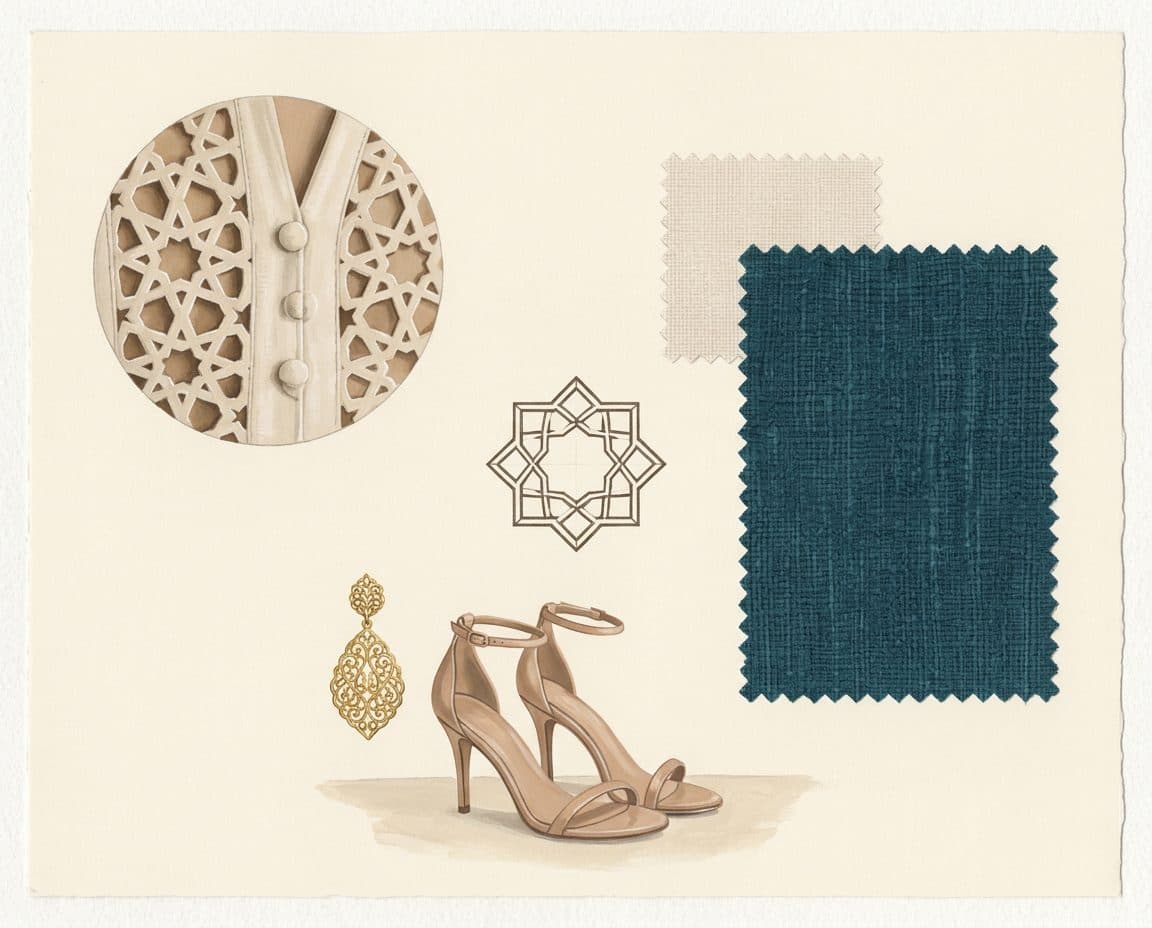Fabric, colour and trim palette for Girih Cutwork Vest & Sarong Skirt