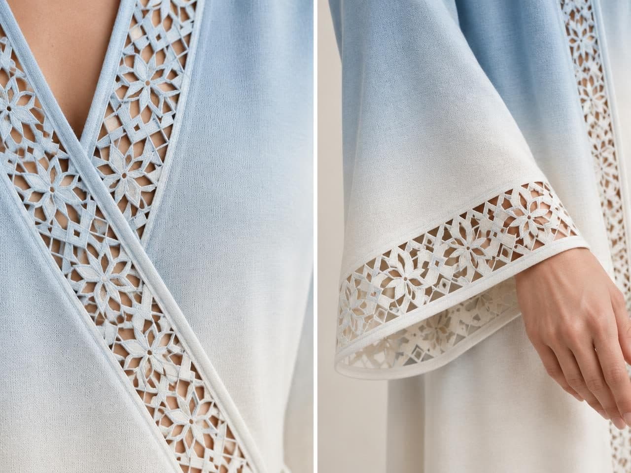 Detail of the cloth and cutwork used for Girih Cutwork Ombré Wrap